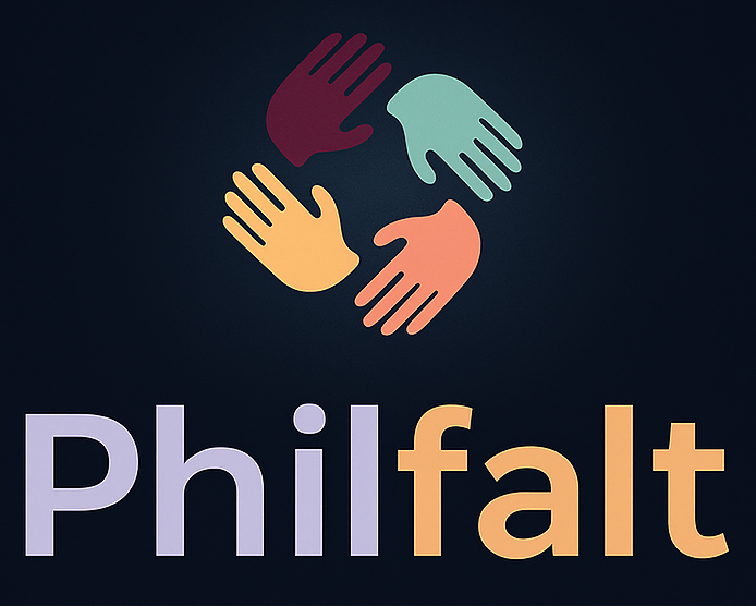 Vier bunte Hände in einem Kreis symbolisieren Zusammenhalt, darunter Schriftzug Philfalt