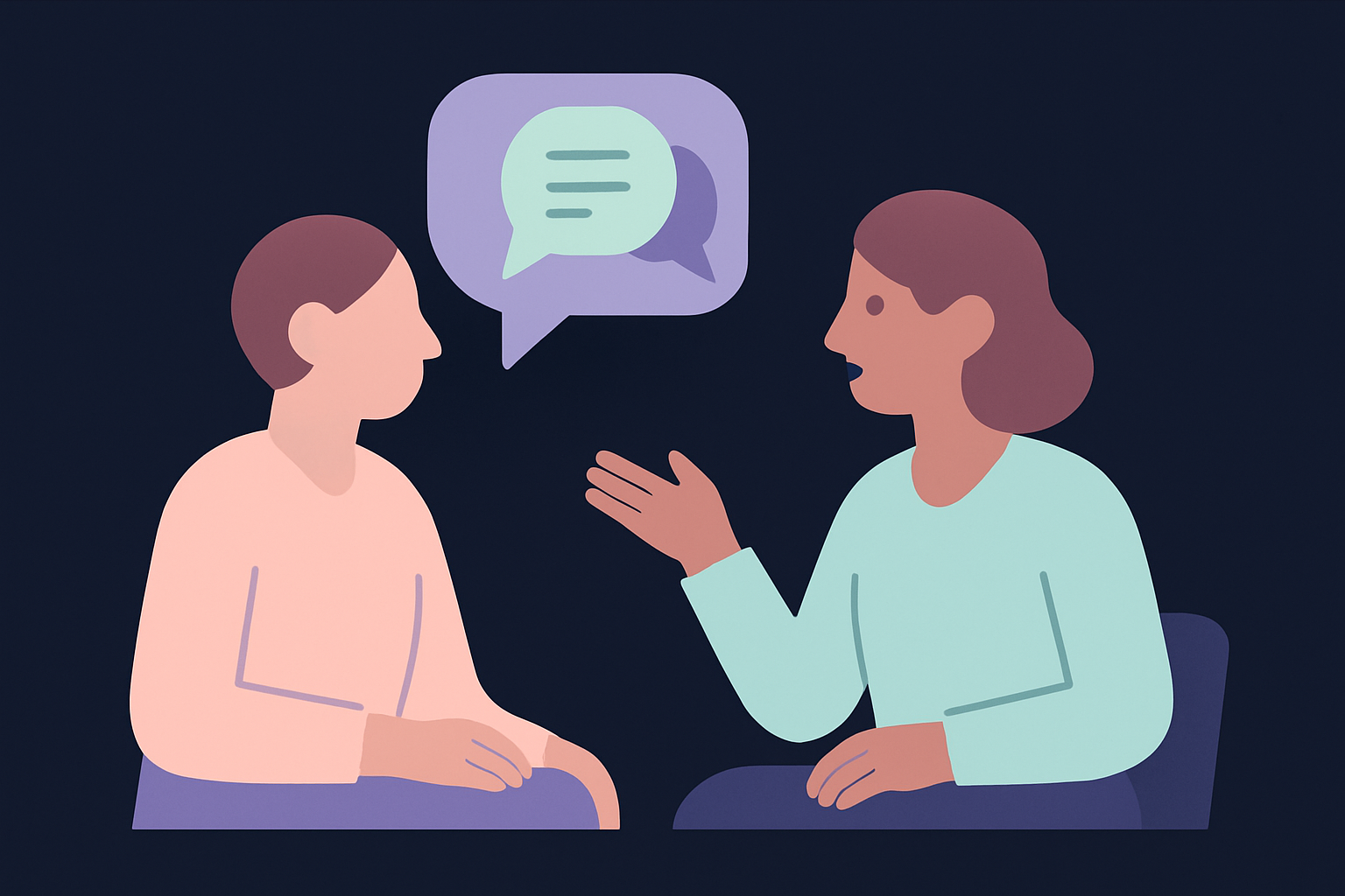 Zwei Personen unterhalten sich. Eine Sprechblase ist zwischen den beiden Personen.