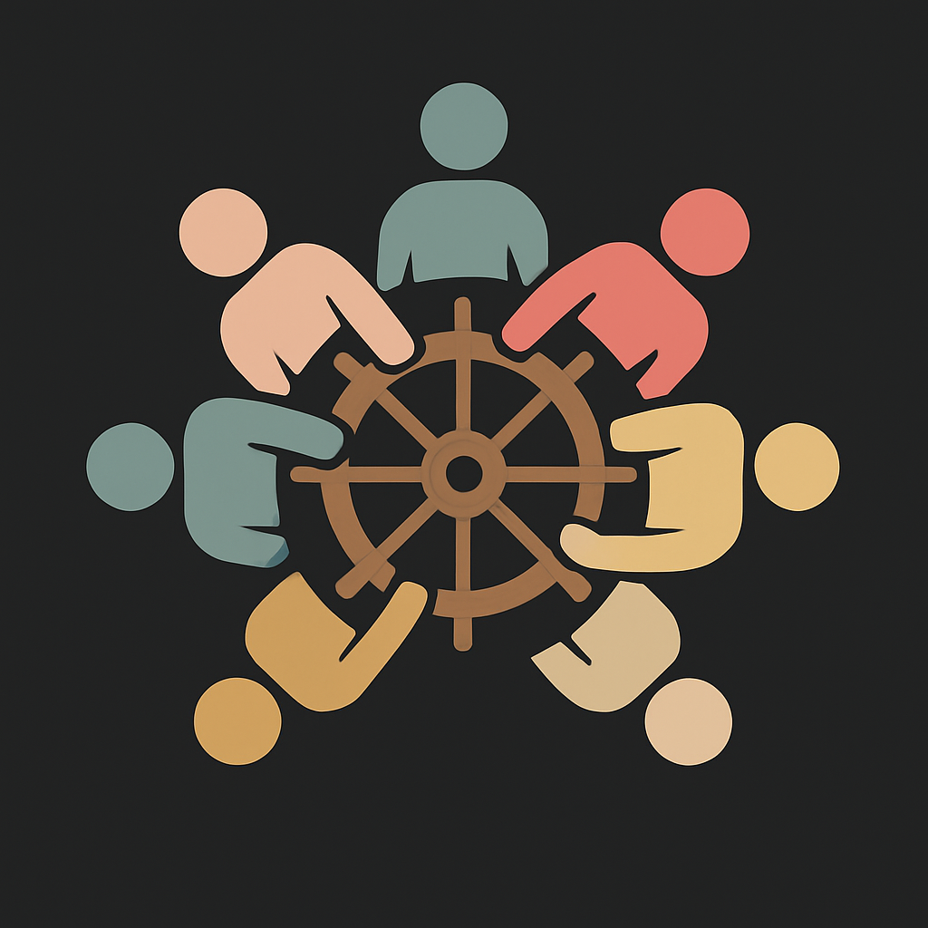 Bunte Personen im Kreis mit der Hand am gemeinsamen Steuerrad