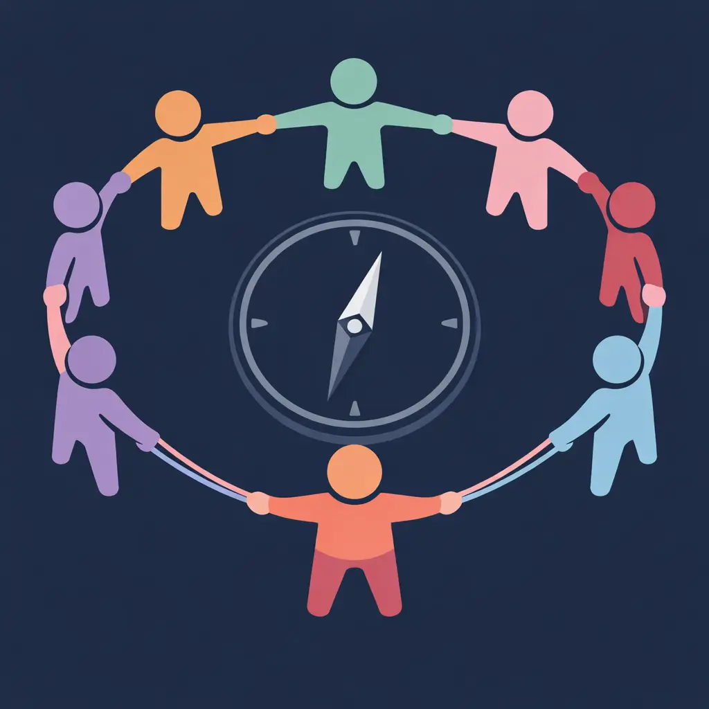 Bunte Figuren stehen im Kreis um einen Kompass.Sie halten sich an den H'nden.